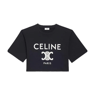 (Women) CELINE SS22 Black Cropped T-shirt with Logo Print and Round Neck. 2X871501F-38AW