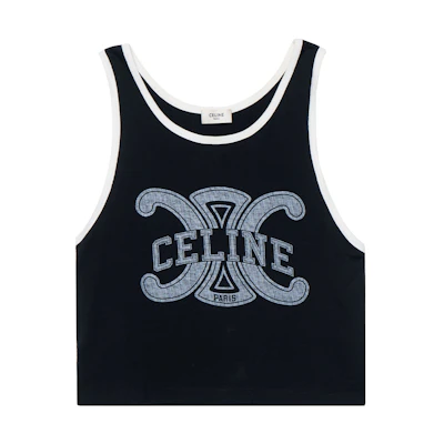 (Women) CELINE SS22 Black Cropped Tank Top with Logo Print. 2X33B671Q-38AW