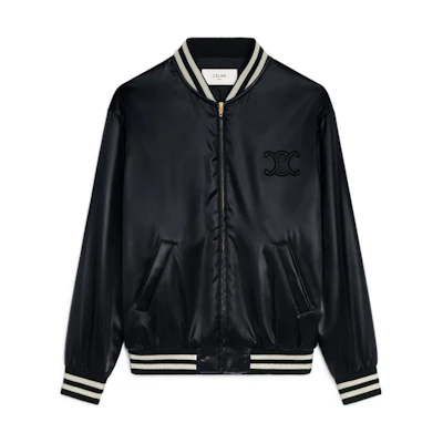 (Women) CELINE SS22 Black Satin Printed Zip-Up Baseball Jacket. 2V46J199Q-38NO