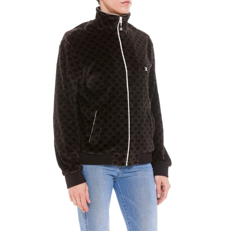 Details for (Women) CELINE SS22  Brown All-Over Print Velvet Knit Zip Jacket. 2Y597811P-38NM