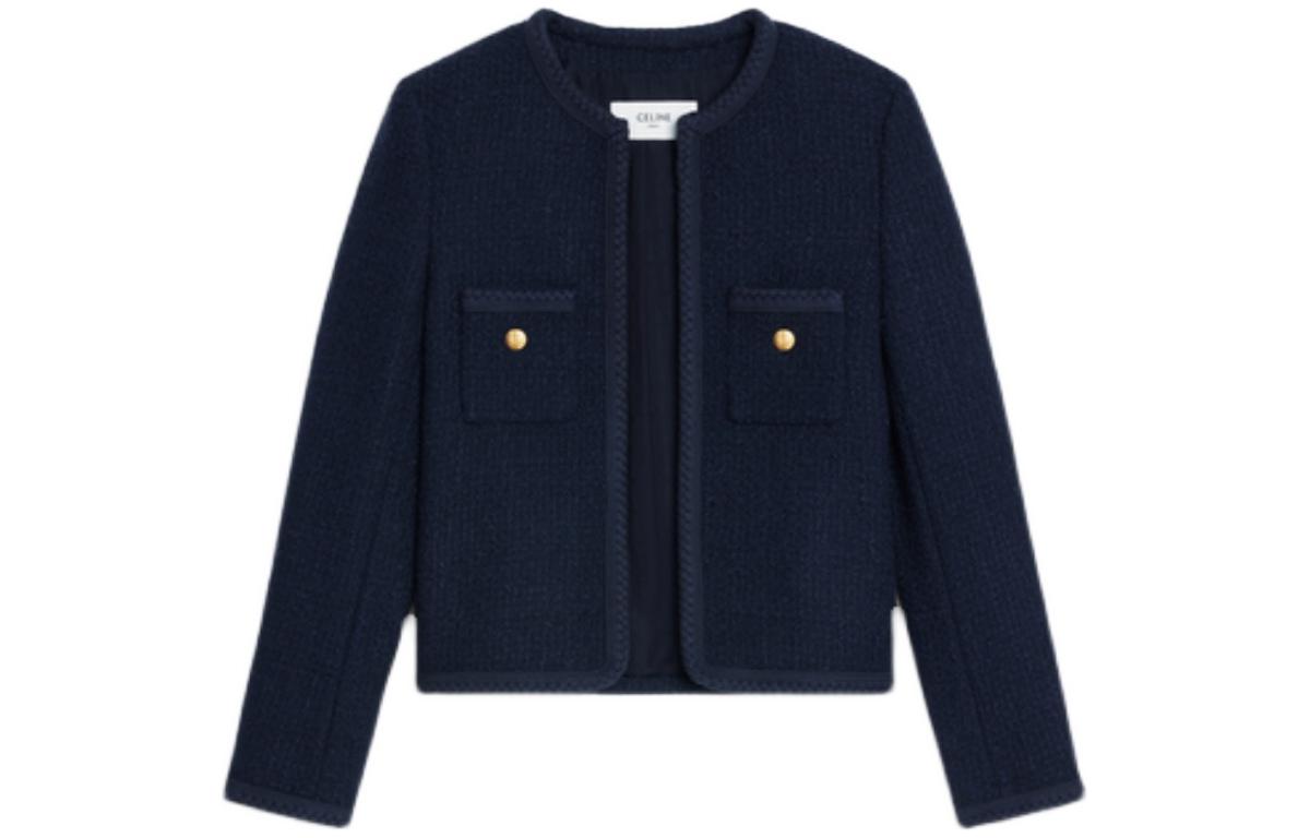 Order (W) CELINE SS22 Jaket Lengan Panjang Biru Navy dengan Desain Kantong Patch Solid 2V71I739P-07DN