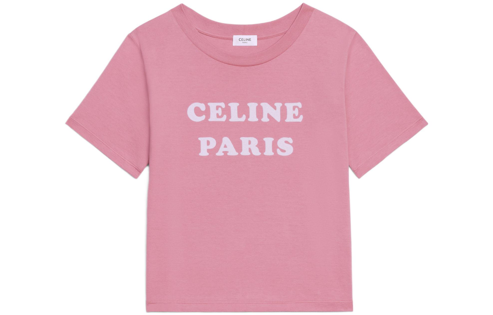 (Women) CELINE SS22  Pink Logo Print Crew Neck Short Sleeve T-Shirt 2X885671Q-24FW
