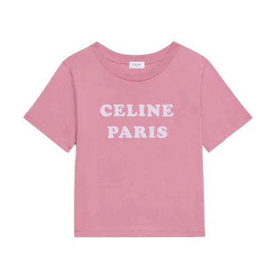 (Women) CELINE SS22 Pink Logo Print Crew Neck Short Sleeve T-Shirt 2X885671Q-24FW