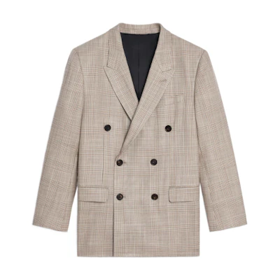 (Women) CELINE SS22 Silk Wool Blend Double-Breasted Plaid Blazer Beige 2V52F013J-38TG