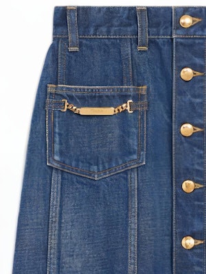 (Women) CELINE SS22 Solid Button-Up Denim Skirt in Blue. 2S189365M-07DU Shop (Women) CELINE SS22 Solid Button-Up Denim Skirt in Blue. 2S189365M-07DU