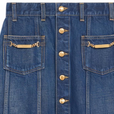 (Women) CELINE SS22 Solid Button-Up Denim Skirt in Blue. 2S189365M-07DU Purchase (Women) CELINE SS22 Solid Button-Up Denim Skirt in Blue. 2S189365M-07DU