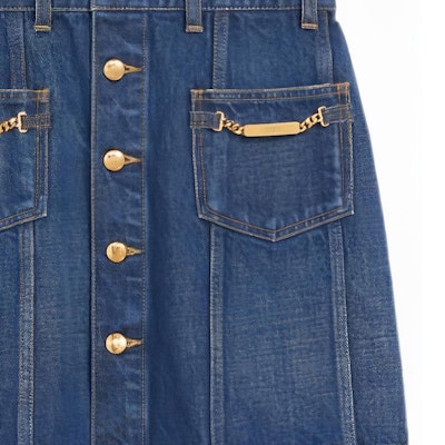 (Women) CELINE SS22 Solid Button-Up Denim Skirt in Blue. 2S189365M-07DU Details for (Women) CELINE SS22 Solid Button-Up Denim Skirt in Blue. 2S189365M-07DU