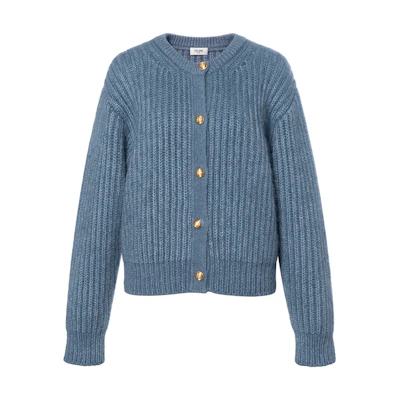 (Women) CELINE SS22 Steel Blue Ribbed Knit Cardigan Sweater Jacket. 2A47U377N-07EB