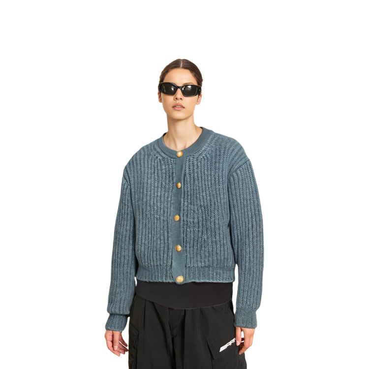 Shop (W) CELINE SS22 钢蓝色罗纹针织开衫毛衣外套. 2A47U377N-07EB