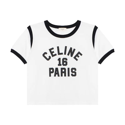 (Women) CELINE SS22 White Logo Print Oversized T-Shirt with Contrast Trim. 2X97A671Q-01EA