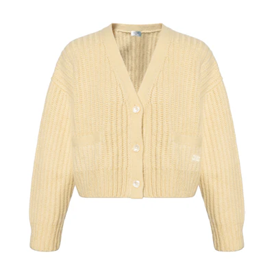 (Women) CELINE SS22 Yellow Cashmere Blend V-Neck Ribbed Cardigan Sweater. 2A49X266R-11PY