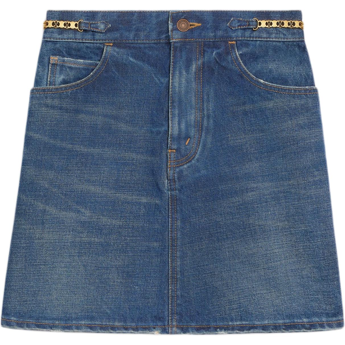 (Women) CELINE SS22 Blue Washed Denim Chain Button Mini Skirt for Women. 2S206365M-07DU