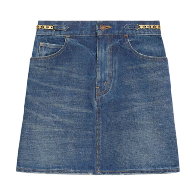 (Women) CELINE SS22 Blue Washed Denim Chain Button Mini Skirt for Women. 2S206365M-07DU