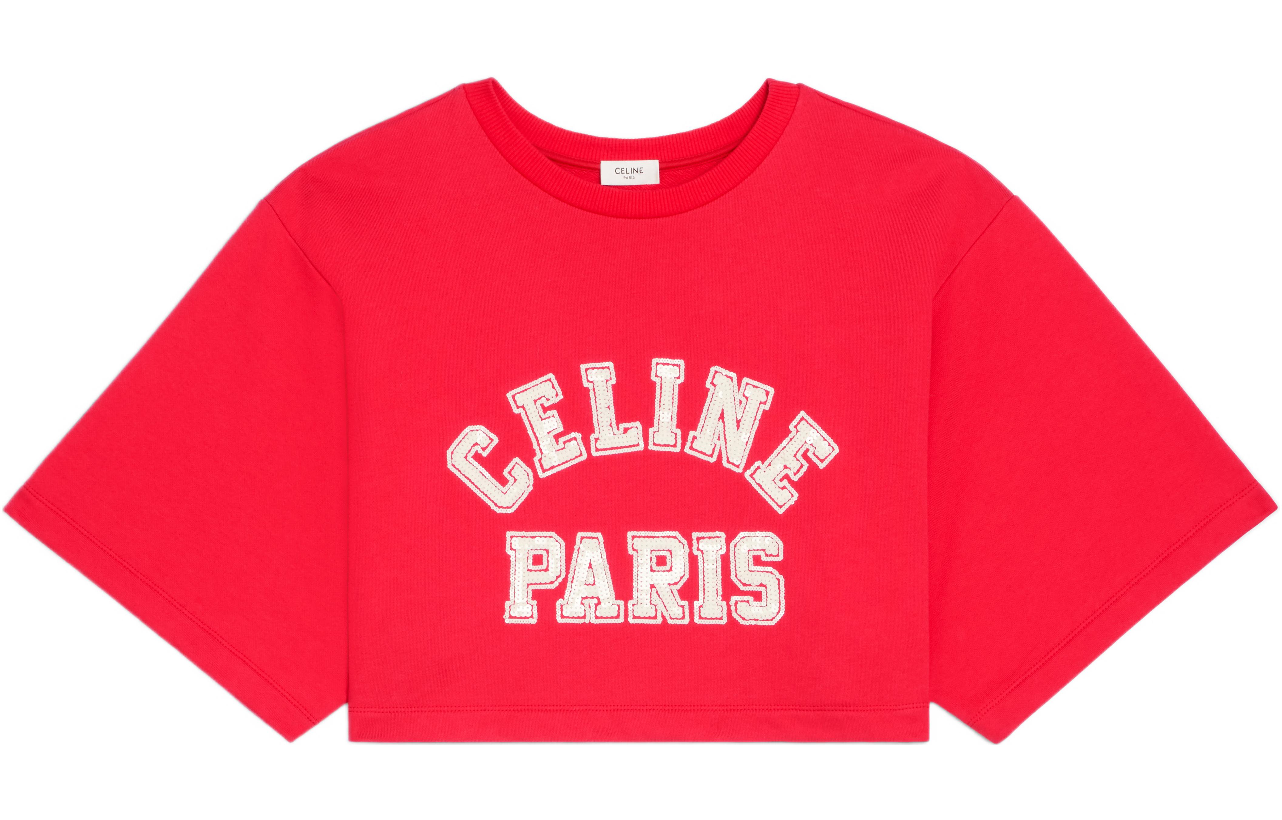 (Women) CELINE SS22 Letter Print Crop Top T-Shirt Short Sleeve Women - Red. 2Y16A670Q-27TE