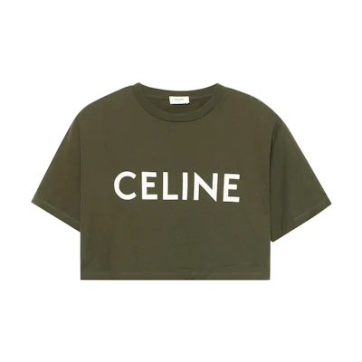 (Women) CELINE SS22 Logo Print Cropped T-Shirt for Women in Dark Khaki. 2X761671Q-02DO