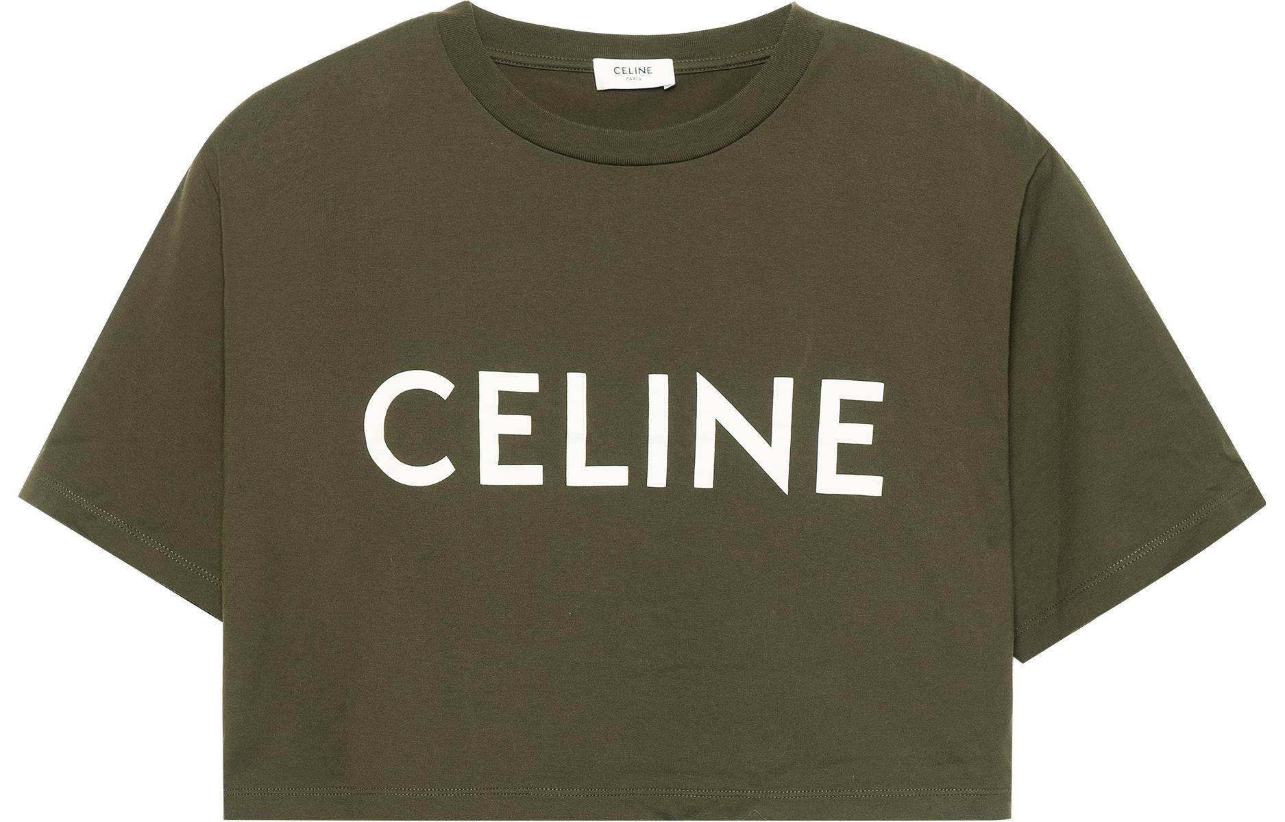 Order (Women) CELINE SS22 Logo Print Cropped T-Shirt for Women in Dark Khaki. 2X761671Q-02DO