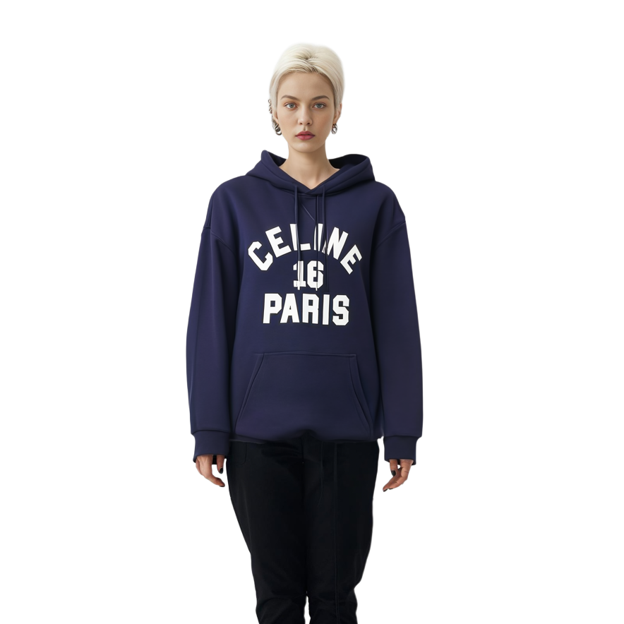Shop (Women) CELINE SS22 Solid Color Logo Hoodie Women’s - Dark Blue 2Y741670-07OW