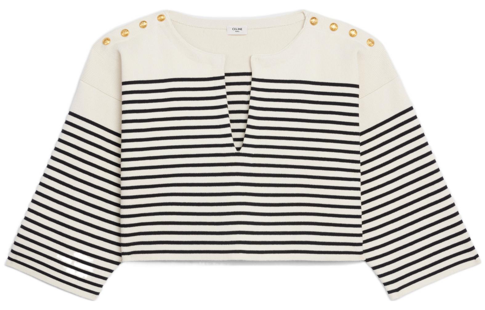 (Women) CELINE SS22 Striped Knit Pullover Crop Long Sleeve Sweater Women White 2A66X384N-01CB