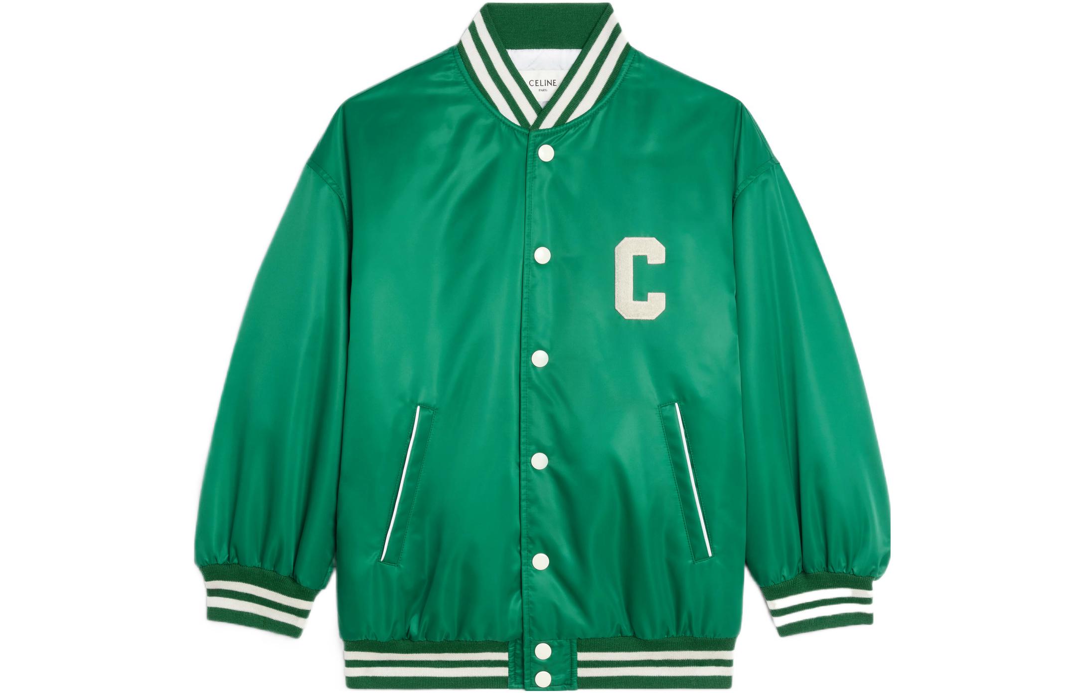 Order (W) CELINE SS22 Jaket Wanita Berjalur Cetakan Huruf Hijau Single-Breasted 2W625227R-31ER