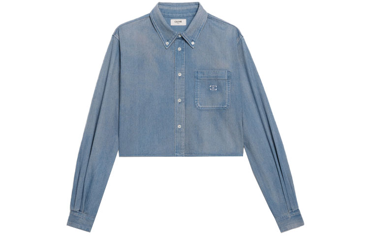 (Women) CELINE SS22 Washed Cropped Long Sleeve Shirt for Women - Blue. 2T187805P-08SR