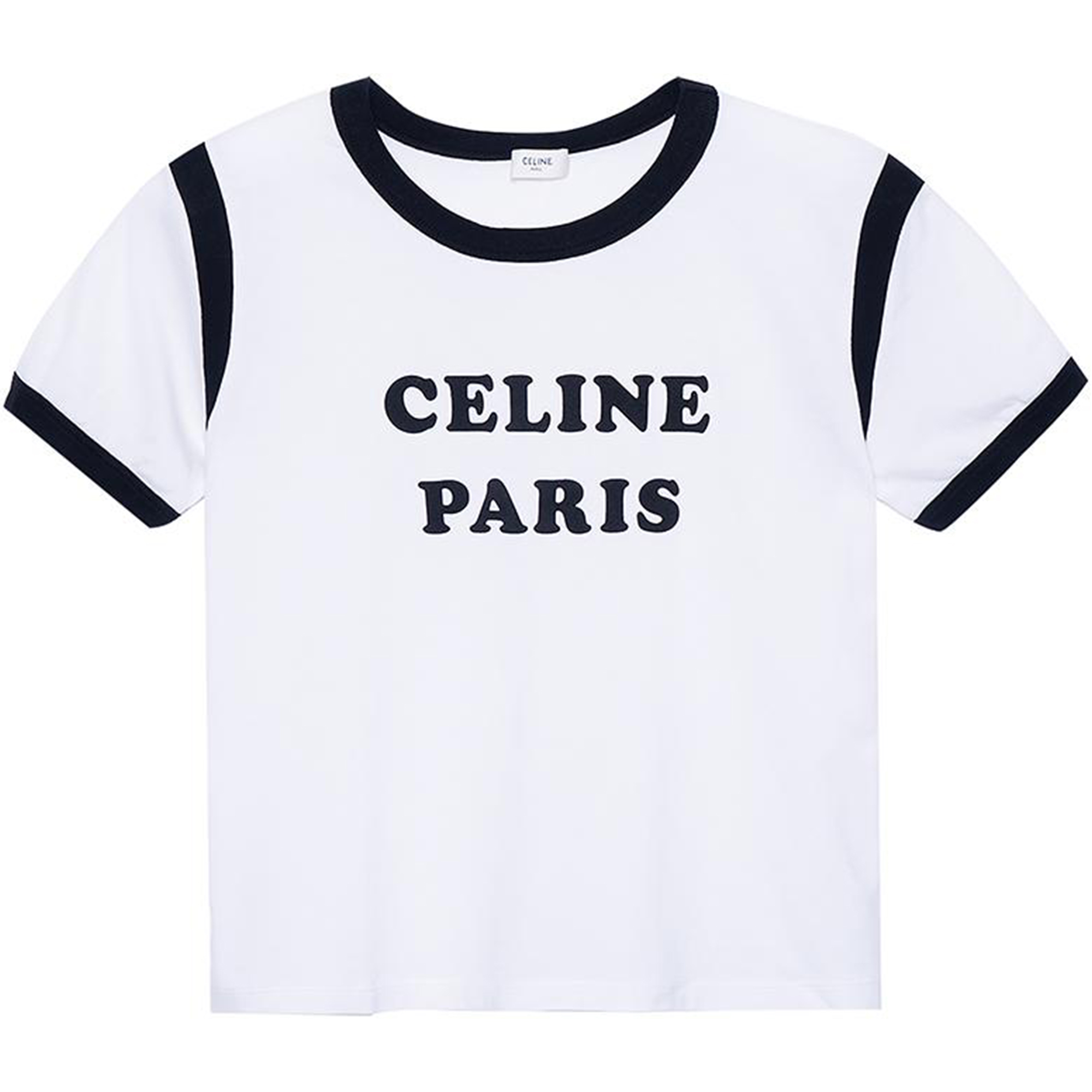 (Women) CELINE SS22 White Letter Print Cropped Round Neck Casual T-Shirt. 2X890671Q-01EA