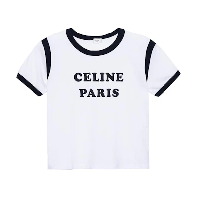 (Women) CELINE SS22 White Letter Print Cropped Round Neck Casual T-Shirt. 2X890671Q-01EA