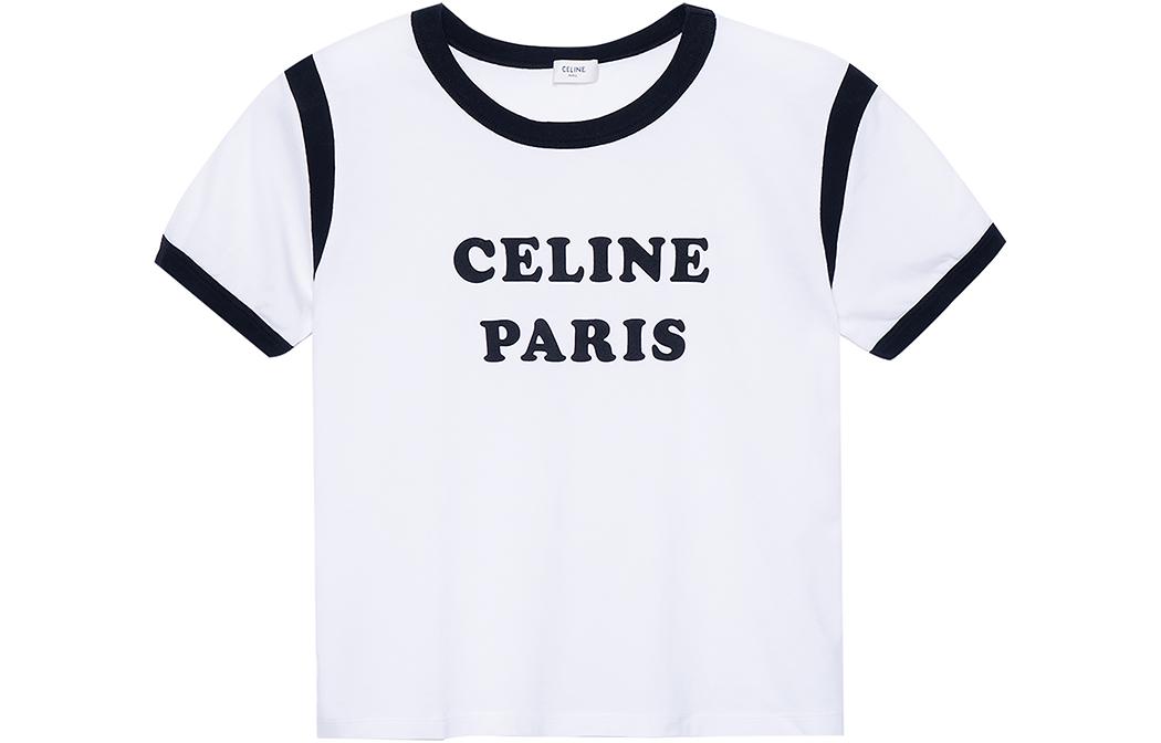 Order (W) CELINE SS22 Kaos Putih Cropped Leher Bulat dengan Cetak Huruf Casual. 2X890671Q-01EA