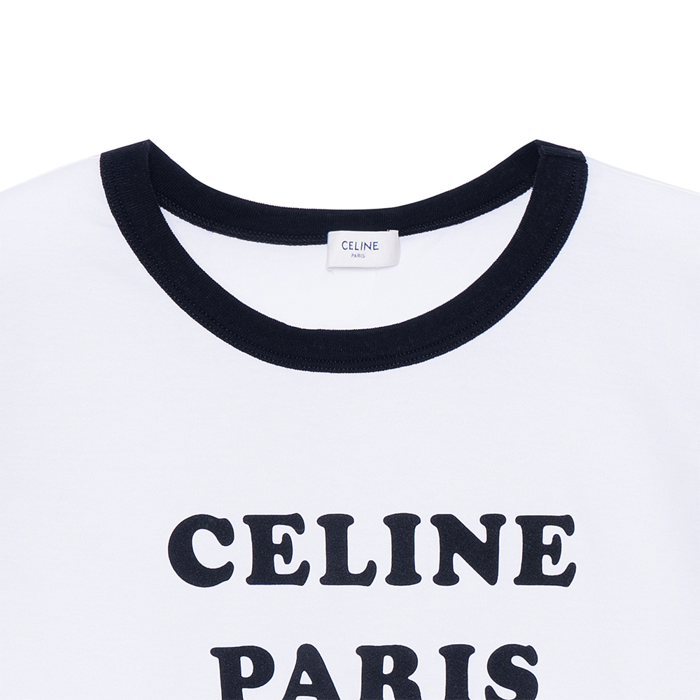 Shop (W) CELINE SS22 Kaos Putih Cropped Leher Bulat dengan Cetak Huruf Casual. 2X890671Q-01EA