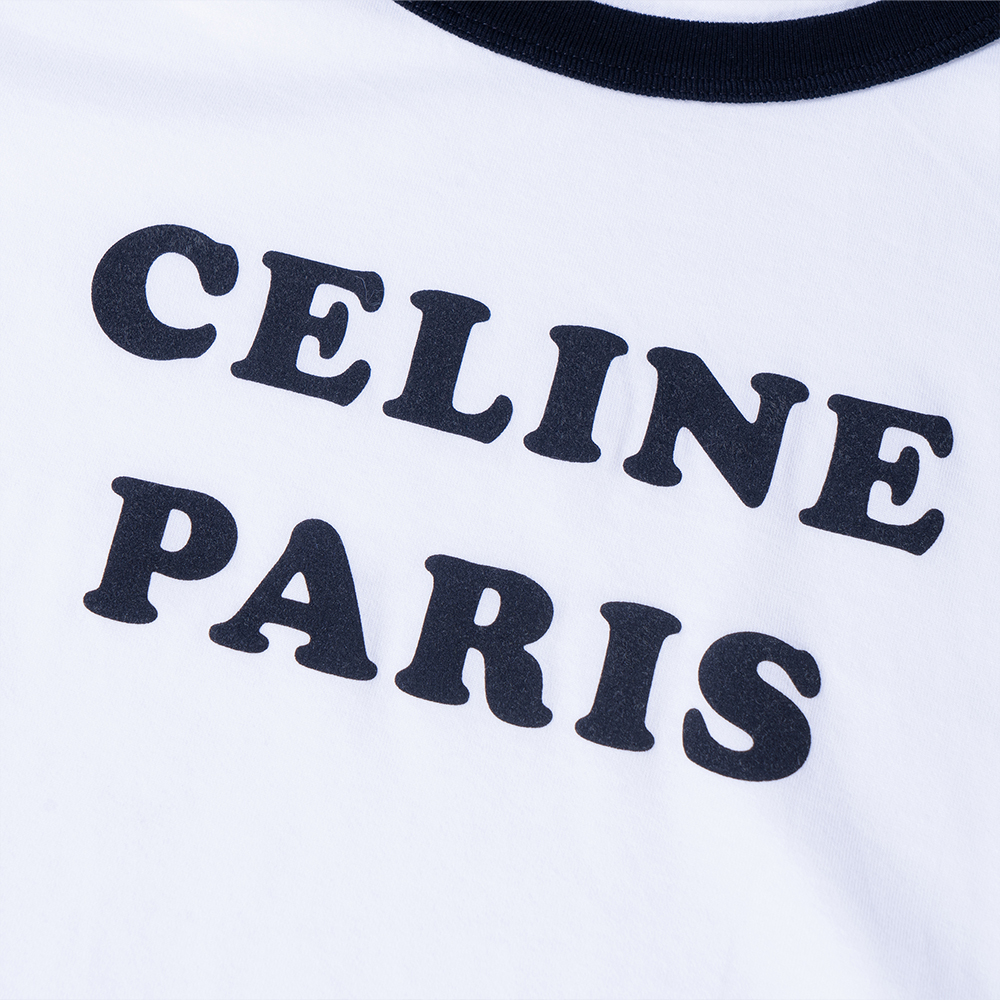 Details for (W) CELINE SS22 Kaos Putih Cropped Leher Bulat dengan Cetak Huruf Casual. 2X890671Q-01EA
