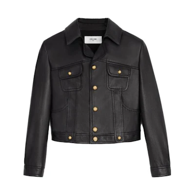 (Women) CELINE SS23 Black Leather Jacket Short Button-Up Casual Design. 2EG36305Q-38NO