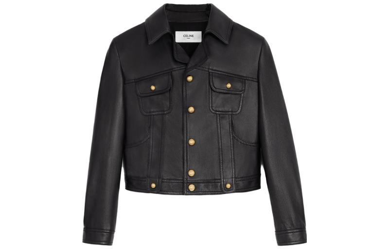 Order (Women) CELINE SS23  Black Leather Jacket Short Button-Up Casual Design. 2EG36305Q-38NO