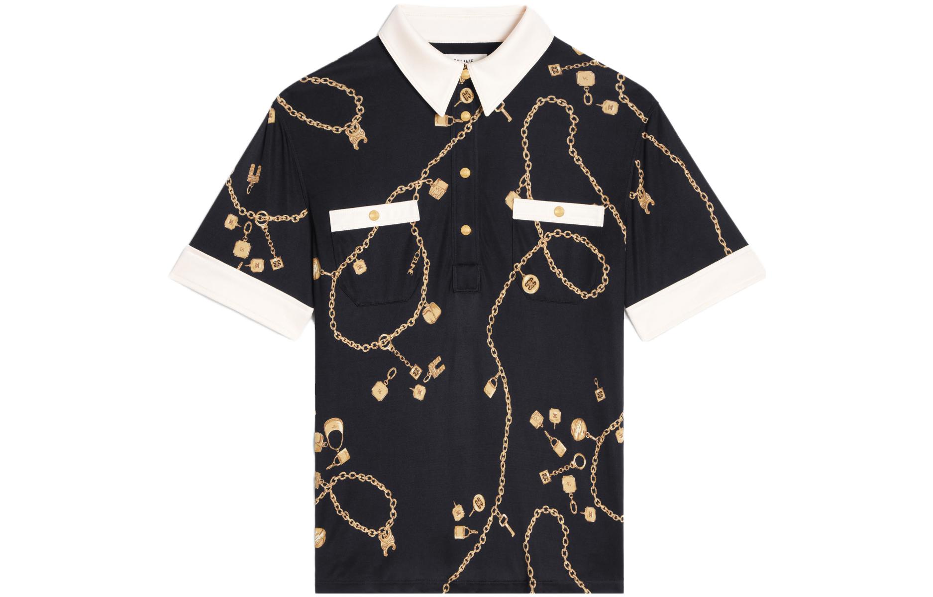 (Women) CELINE SS23  Black Patchwork Graphic Print Polo Shirt. 2B832468U-96NL