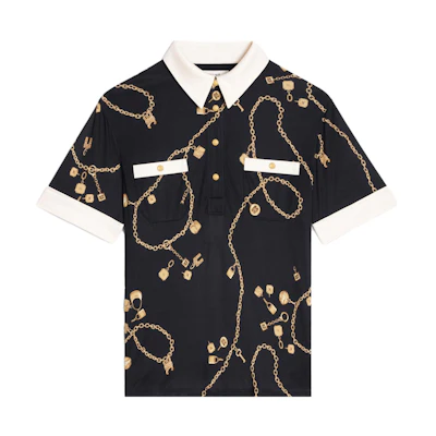 (Women) CELINE SS23 Black Patchwork Graphic Print Polo Shirt. 2B832468U-96NL