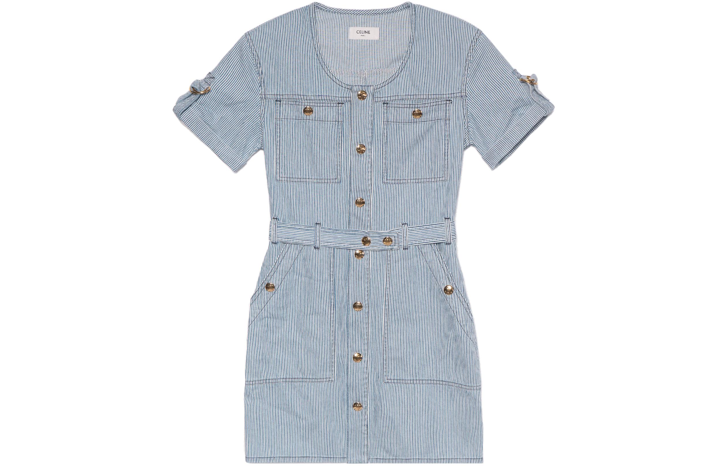 (Women) CELINE SS23  Blue Casual Short Sleeve Buttoned Waist Dress 2U105351N-08WV