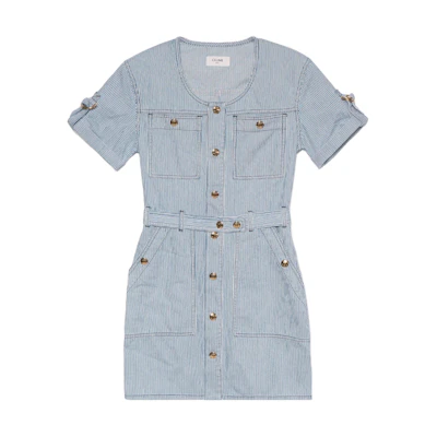 (Women) CELINE SS23 Blue Casual Short Sleeve Buttoned Waist Dress 2U105351N-08WV