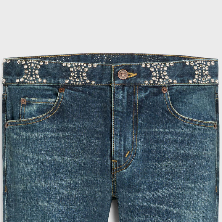 Shop (Women) CELINE SS23  Blue Low-Waisted Slim Washed Studded Jeans 2N972255V-08DL