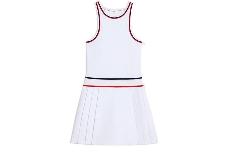 Order (W) CELINE SS23 Dress Tanpa Lengan Putih dengan Trim Garis Warna. 2AE92899T-01RL