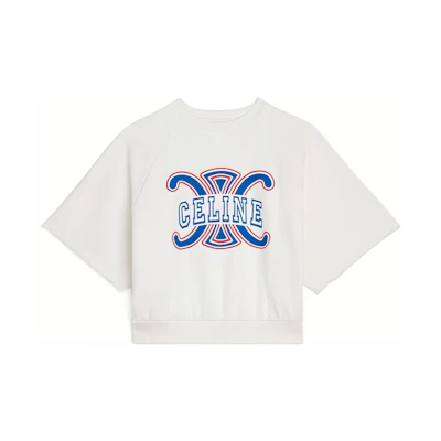 (Women) CELINE SS23 Cropped Short Sleeve Tee with Logo Print in White. 2Y58A670Q-01RL