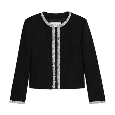 (Women) CELINE SS23 Embroidered Ribbon Tweed Knit Cardigan Black. 2V82O371R-38NO