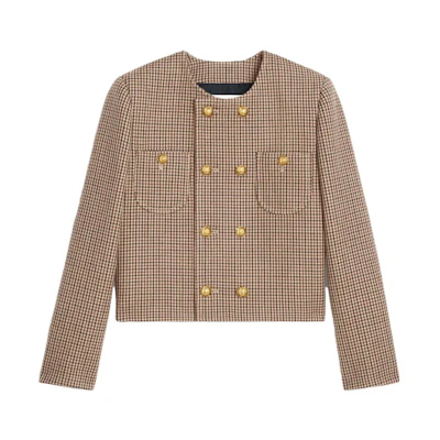 (Women) CELINE SS23 Houndstooth Double-Breasted Jacket in Burgundy. 2V77R064V-28BZ