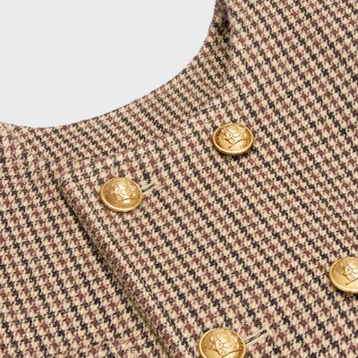 (Women) CELINE SS23 Houndstooth Double-Breasted Jacket in Burgundy. 2V77R064V-28BZ Details for (Women) CELINE SS23 Houndstooth Double-Breasted Jacket in Burgundy. 2V77R064V-28BZ