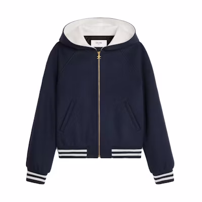 (Women) CELINE SS23 Letter Print Striped Hooded Jacket in Ocean Blue. 2V98P6700-07MR