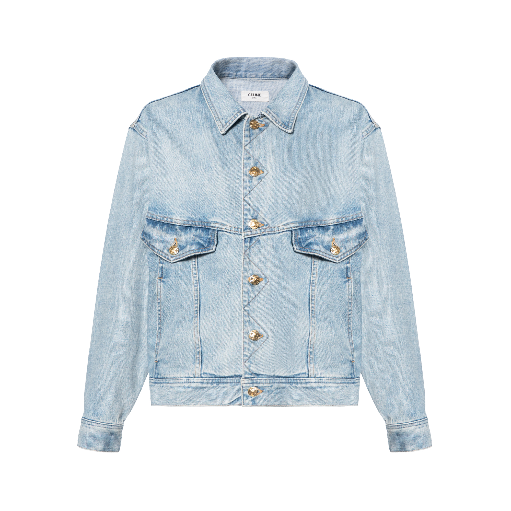(Women) CELINE SS23  Light Blue Washed Denim Jacket with Flap Chest Pockets. 2Q682026V-06AS