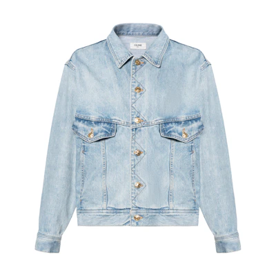 (Women) CELINE SS23 Light Blue Washed Denim Jacket with Flap Chest Pockets. 2Q682026V-06AS