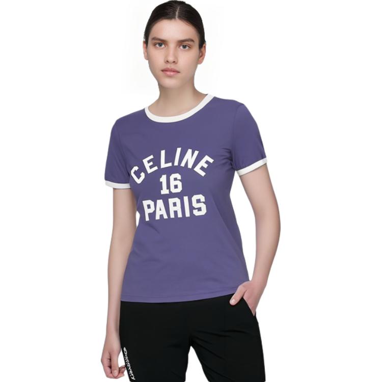 Cheap (Women) CELINE SS23  Purple T-Shirt with Letter Logo Print. 2X13B671Q-07PX