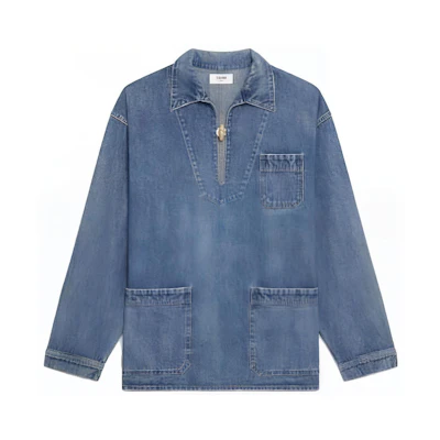 (Women) CELINE SS23 Solid Color Denim Jacket with Buttoned Chest Pocket - Blue. 2T093182N-08PS