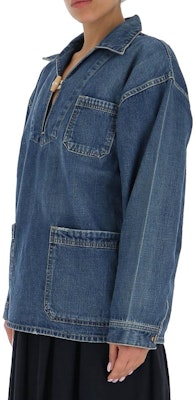 (Women) CELINE SS23 Solid Color Denim Jacket with Buttoned Chest Pocket - Blue. 2T093182N-08PS Details for (Women) CELINE SS23 Solid Color Denim Jacket with Buttoned Chest Pocket - Blue. 2T093182N-08PS