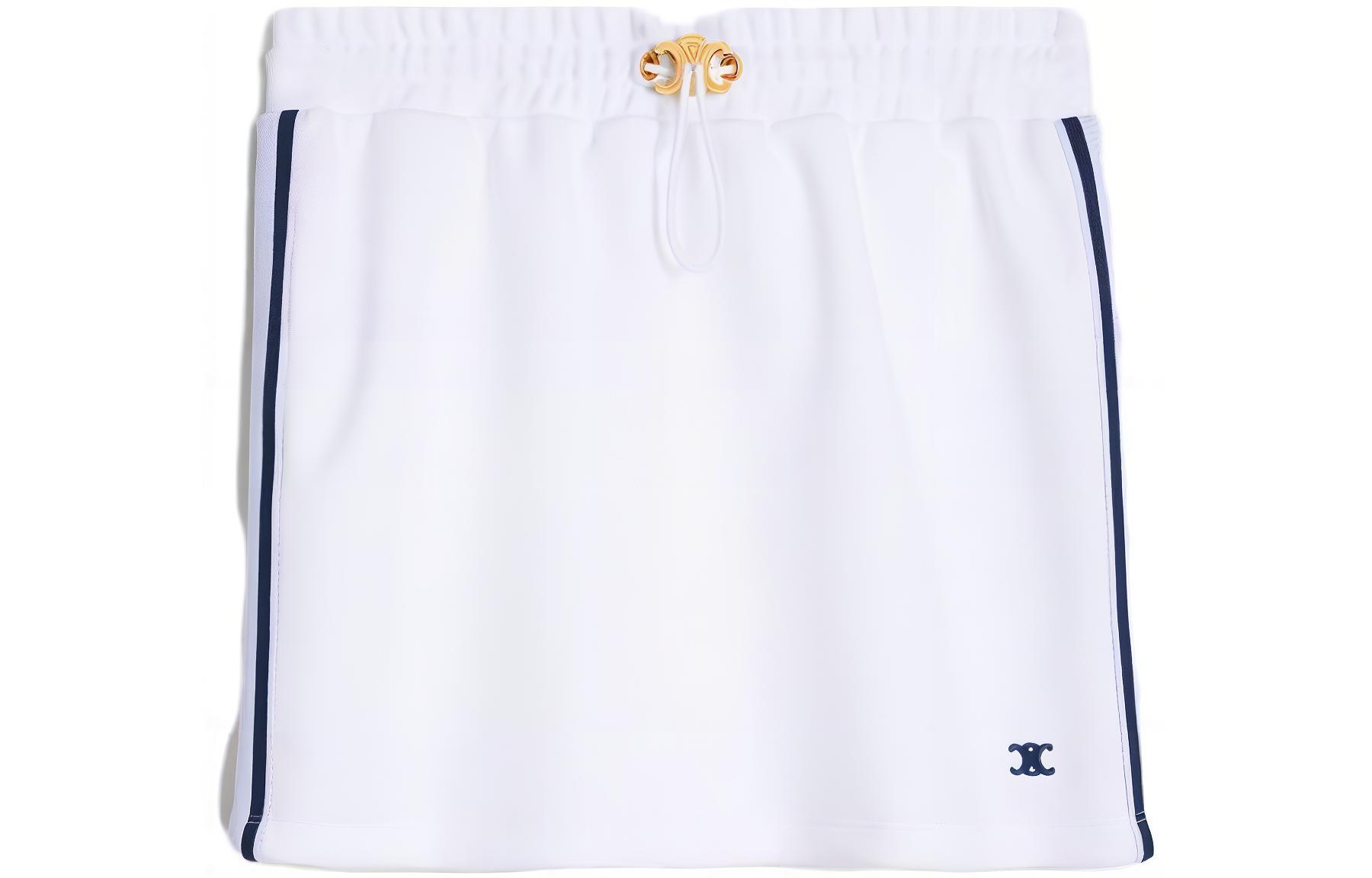 (Women) CELINE SS23  White Drawstring Casual Skirt with Embroidered Logo. 2Z320225S-01MA