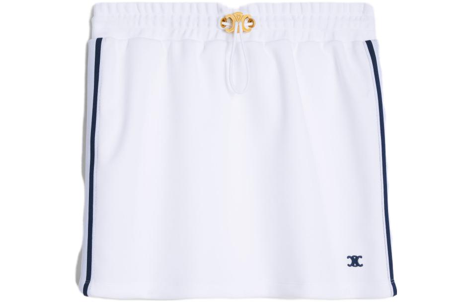 Order (W) CELINE SS23 Skirt Putih Kasual dengan Logo Sulam dan Tali Serut. 2Z320225S-01MA