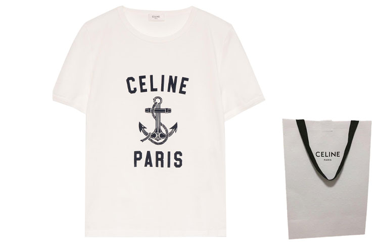 Shop (W) CELINE SS23 Kaos Lengan Pendek Putih dengan Cetak Huruf. 2X80D671Q-01MA